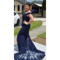 Navy Blue Long Fish Cut Party Korea Women Evening Dress